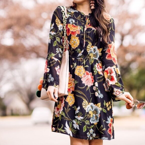 LOFT | Black Multi "Poppy Bloom" Floral Bell Sleeve Mini Dress | Size Medium - Picture 1 of 10